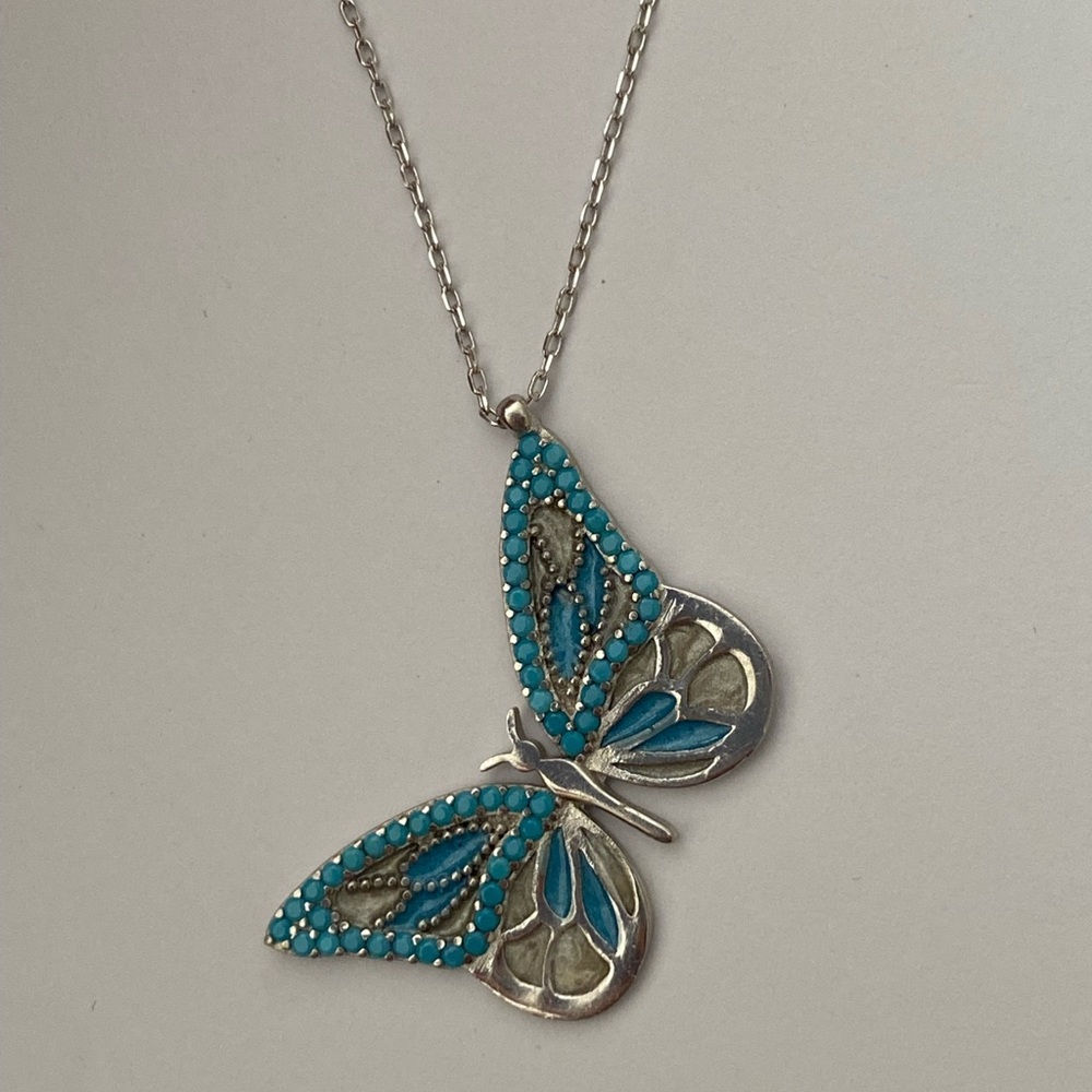 🦋925 Silver butterfly necklace turquoise stones and enamel stunning handmade
